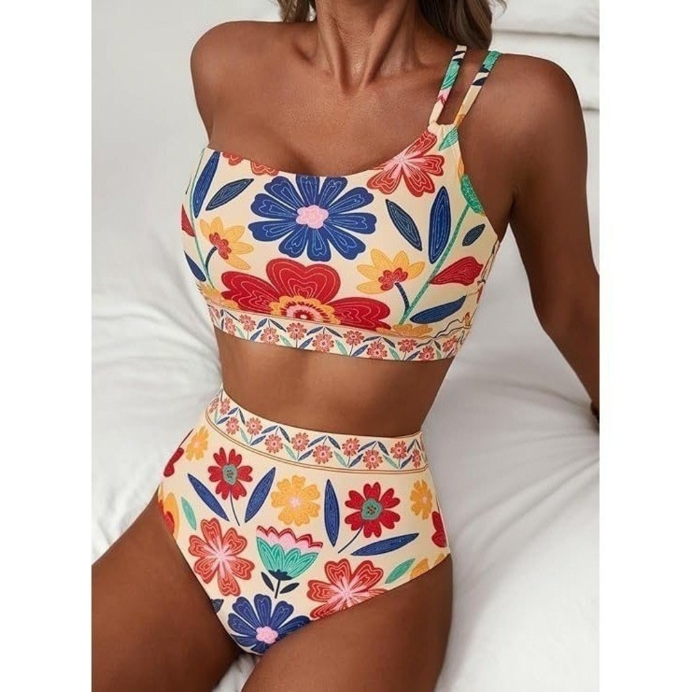 Shein XL Floral One Shoulder High Waist Bikini Set Cream Multicolor Swimsuit
